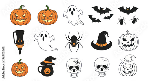 Halloween Icons Set: Pumpkins, Ghosts, Bats, Spiders, Skulls, Witch Hats