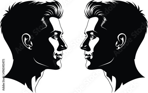 Symmetrical human face profiles facing each other vector illustration black silhouette minimal design identity duality mirror concept abstract portrait