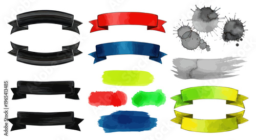 Hand-Drawn Ribbons and Paint Splatters - Graphic Design Elements