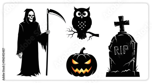 Halloween Symbols: Grim Reaper, Owl, Pumpkin, Tombstone, Vector Icons