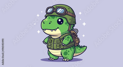 Cute Cartoon Dinosaur Soldier Wearing Military Gear.