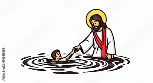 A divine figure extends a helping hand to a drowning person in dark water