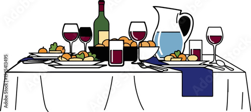 A formal dinner setting with wine, food, and water pitcher awaits
