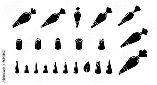 Pastry Bag Set and Icing Nozzles Collection - Baking Tools Iconography