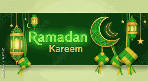 Ramadan Kareem Greeting with Crescent Moon, Lanterns, and Ketupat - Islamic Holiday Banner