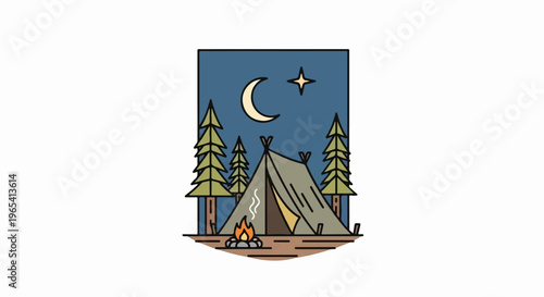 A starry night camping scene with a tent, campfire, and trees