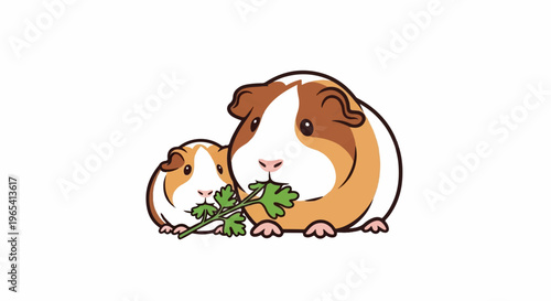 Two cartoon guinea pigs eating a green leafy herb