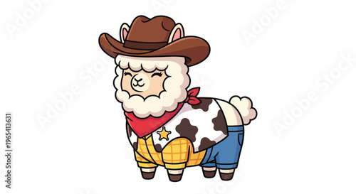 Cute cartoon llama dressed as a cowboy with hat and bandana.