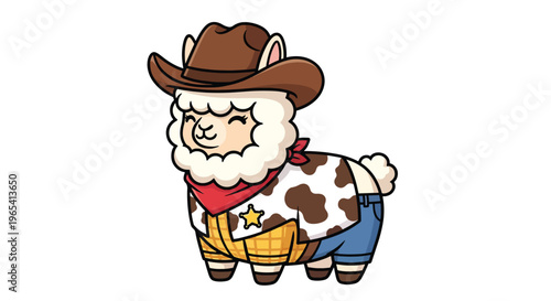 Cute cartoon llama dressed as a cowboy with a hat and bandana.