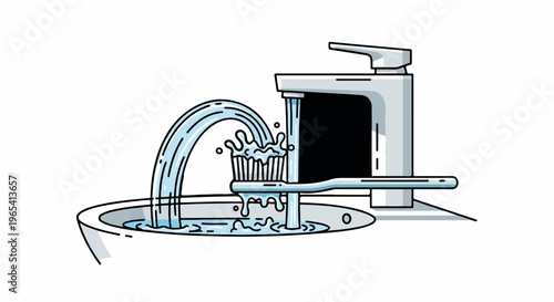 Toothbrush under running water in sink