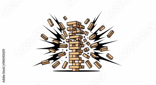 Tower of wooden blocks exploding outwards with impact lines