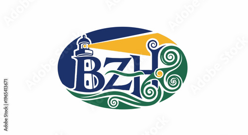 A stylized lighthouse shines light on letters BZH with oceanic swirls