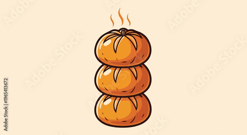 Three steaming, round, orange baked goods stacked