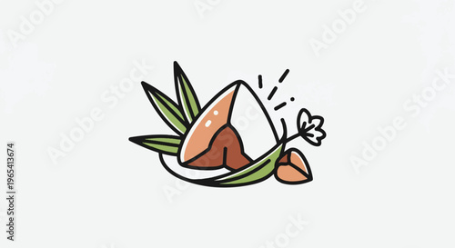 A stylized illustration of a cracked nut with leaves and a small flower