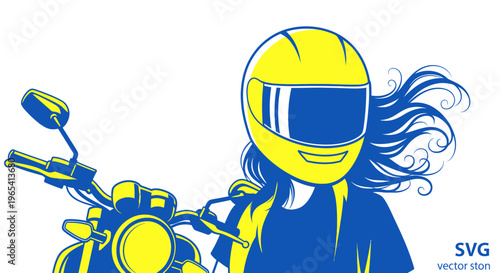 Rider in Yellow Helmet on Motorcycle, Wind Blowing Hair, Vector Illustration