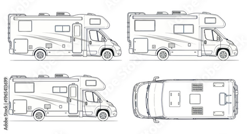 RV Motorhome Blueprint Line Drawing - Multiple Views