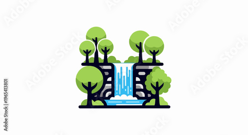 Stylized trees and rocks frame a cascading waterfall into a tranquil pool