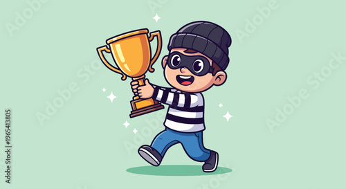 Cute cartoon thief running with a golden trophy.