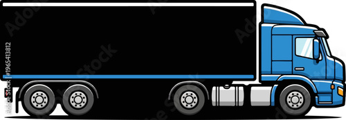 A blue semi-truck with a black trailer and blue accents drives forward