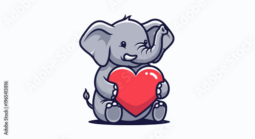 Adorable cartoon elephant sitting and holding a large red heart