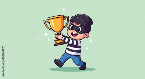Cute cartoon thief holding golden trophy celebrating success.