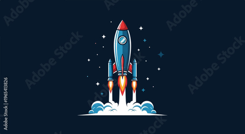Stylized rocket blasting off into a starry night sky