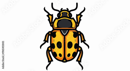 A cartoon illustration of a bright yellow and black spotted beetle with antennae