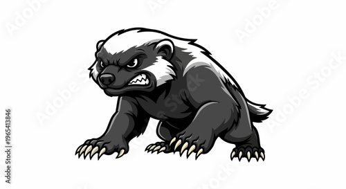 Aggressive cartoon honey badger with sharp claws, baring teeth, and white markings