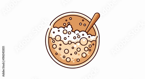 A cartoon illustration of a frothy beverage in a bowl with a wooden spoon