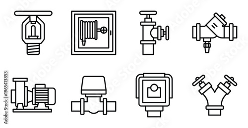 Various plumbing system components and equipment depicted in linear vector style