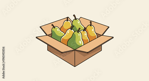 A cardboard box filled with ripe green and yellow pears