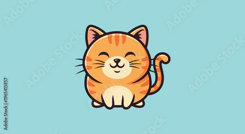 Adorable cartoon ginger cat with closed eyes, smiling on a blue background