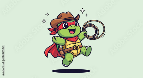 Cute Cowboy Turtle Character Jumping with Lasso.