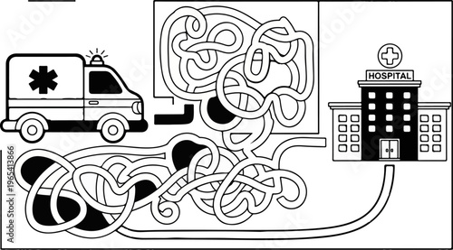 Ambulance navigating a complex maze to reach the hospital building