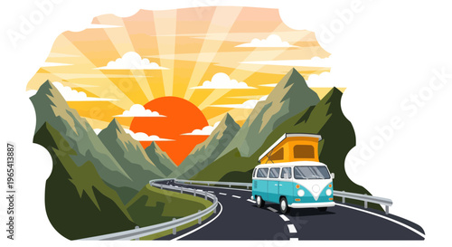 Vintage Camper Van on Scenic Mountain Road at Sunrise, Adventure Travel