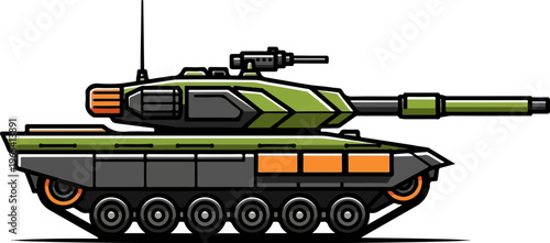 Stylized military tank with green and gray body, orange accents