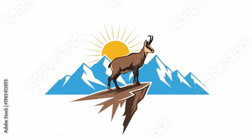 A chamois stands on a rocky precipice with mountains and sun