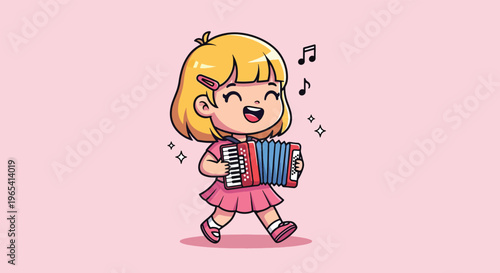 Cute Little Girl Playing Accordion and Singing Happily Vector Illustration.