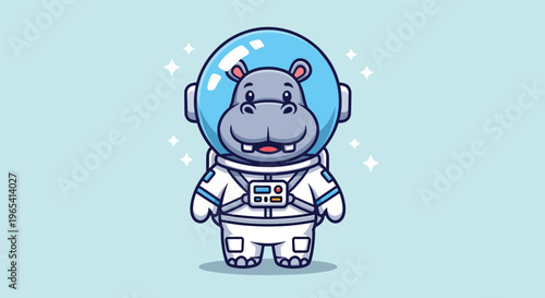 Cute Hippo Astronaut in Space Suit Cartoon Vector Illustration.
