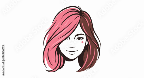 Stylized illustration of a woman with pink and brown hair and rosy cheeks