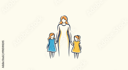 A mother and two daughters holding hands against a plain background