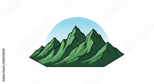 Stylized green mountain range with a blue sky semicircle backdrop