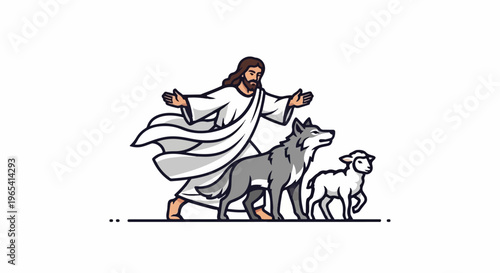 Stylized depiction of a religious figure walking with a wolf and a sheep