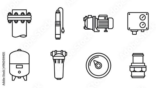 Water well pumps and professional filtration equipment icons set for irrigation and plumbing works
