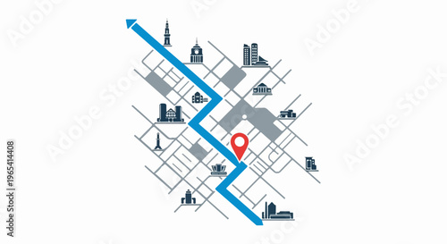 Stylized city map showing route with landmarks and a location pin