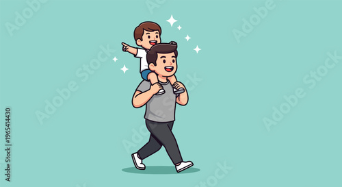 Father carrying son on shoulders happy family moment Vector.