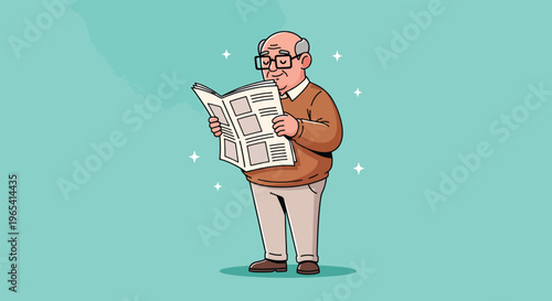 Elderly Man Reading Newspaper with Glasses.