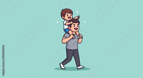 Father carrying son on shoulders happy family moment Vector Illustration.