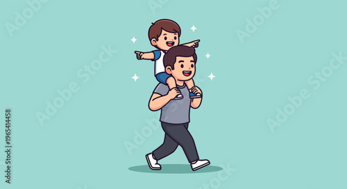 Father Carrying Son on Shoulders Happy Family Moment.