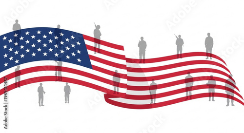 American flag waving with silhouettes of people standing on it symbolizing patriotism and unity